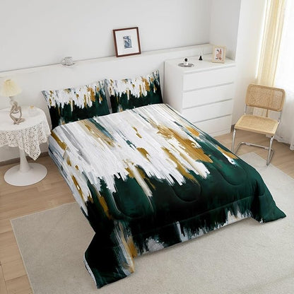 Erosebridal Emerald Green Bedding Set Full Watercolor Graffiti Comforter Set, Striped Oil Painting Duvet Insert Aesthetic Modern Quilt Set, Ombre Brush Marks Contemporary Bedding Comforters & Sets