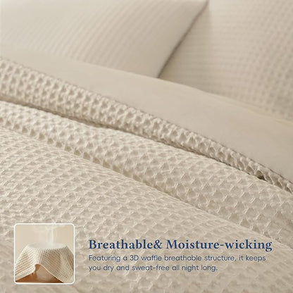 David's Home Waffle Weave Comforter Set 3PCS King Size, Soft Breathable Lightweight Cozy Skin-Friendly Warm for All Season, Elegant Aesthetic Home Decor Bedding Set with Pillow Shams, Linen