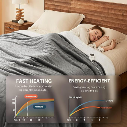 Homemate Electric Heated Blanket Full Size - 72"x84" Heating Blanket Full Size 1/2/4/6/8 Hours Auto-Off 10 Heat Level Over-Heat Protection Flannel Sherpa ETL Certification