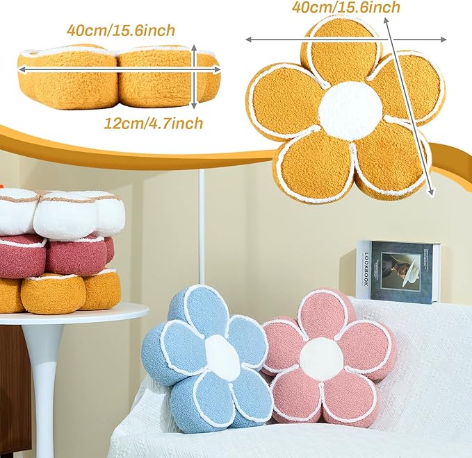 Sioloc Flower Shaped Pillow Daisy Pillows Floor Cushion Pastel Cute Seat Cushions Aesthetic Classroom Dorm Decorative Fun Throw Pillow for Bed,Couch(Yelllow,19.7")