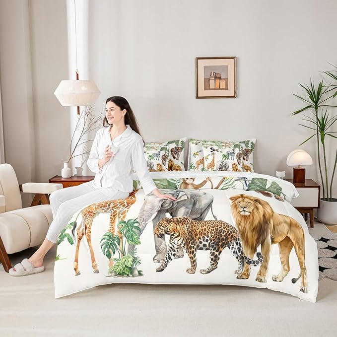 Erosebridal Zoo Animal 7 Piece Bedding Set King Size,Lion Tiger Monkey Bed in a Bag,Tropical Palm Trees Bed Set Includes Comforter, Sheet Set, Pillowcases & Pillow Covers All Season Bedroom Decor