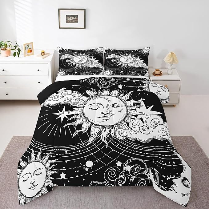 Erosebridal Black White Sun Moon Bedding Set Queen Size Hippie Comforter Set, Boho Exotic Home Decor Down Comforter Modern Kid Teen Boy Girls Bohemian Indian Duvet Insert for Bedroom