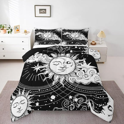 Erosebridal Black White Sun Moon Bedding Set Queen Size Hippie Comforter Set, Boho Exotic Home Decor Down Comforter Modern Kid Teen Boy Girls Bohemian Indian Duvet Insert for Bedroom