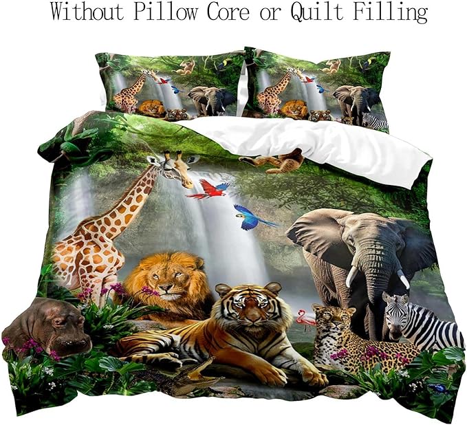 LUVIVIHOME 2PCS Safari Animal Duvet Cover Twin Bedding Sets, Leopard Lion Tiger Elephant Giraffe Zebra Hippo Monkey Nature Forest Waterfall African Zoo Jungle Animal Comforter Cover, 1 Pillow Case