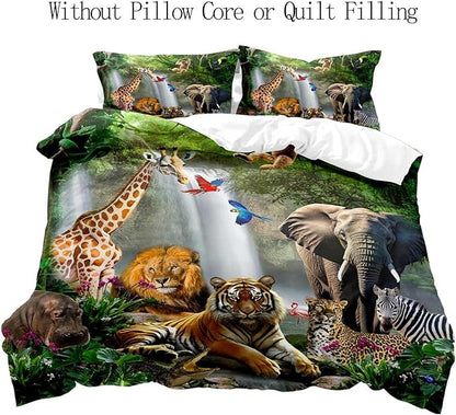 LUVIVIHOME 3PCS Safari Animal Duvet Cover King Bedding Set, Leopard Lion Tiger Elephant Giraffe Zebra Hippo Monkey Nature Forest Waterfall African Zoo Jungle Animal Comforter Cover, 2 Pillow Cases