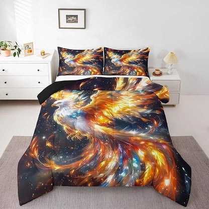Manfei Phoenix Comforter Full for Kids Adults Youth,Rainbow Birds Wildlife Colorful Feather Quilt Comforter Room DecorGlitter Galaxy Universe Quilted Duvet Duvet Insert,2 Pillowcases