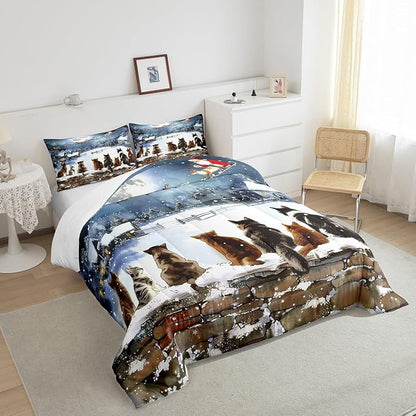 Merry Christmas Comforter Set Queen Size,Watercolor Cat Bedding Set 3Pcs for Kids Girls Boys Teens Room Decor,Santa Clause Sleigh Quilt Set Funny Winter Painting Art Duvet Insert,2 Pillowcases