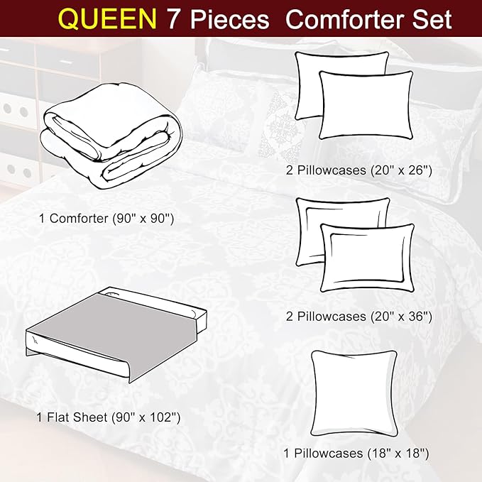 EVENHUG Queen Comforter Set 7 Pieces Lightweight Soft Queen Size Comforters for All Season Floral Bedding Sets Bed in a Bag with Flat Sheet and Fitted Sheet Pillowcases (90"x90")