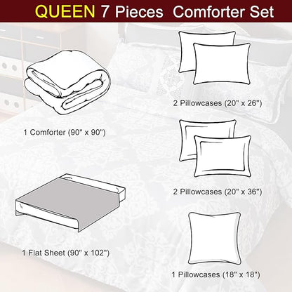 EVENHUG Queen Comforter Set 7 Pieces Lightweight Soft Queen Size Comforters for All Season Floral Bedding Sets Bed in a Bag with Flat Sheet and Fitted Sheet Pillowcases (90"x90")