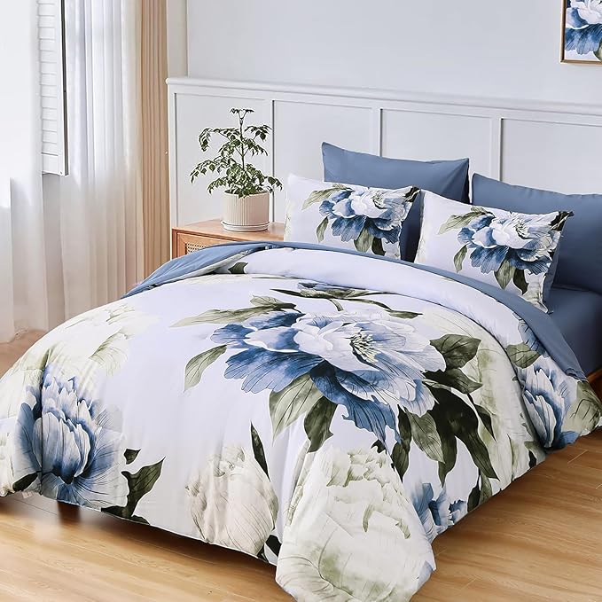 Dobuyly Blue King Size Comforter Set 7 Piece Bed in a Bag King, Blue Floral Printed on Light Blue Comforter Set with Sheets, Soft Microfiber Botanical Complete Bedding Set for All Season