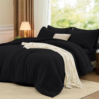 FUANNA Full Size Comforter Sets Black, 7 Pieces Soft Bed in a Bag Full, All Season Lightweight Bed Sets with Comforter, Flat Sheet, Fitted Sheet, Pillowcases & Shams