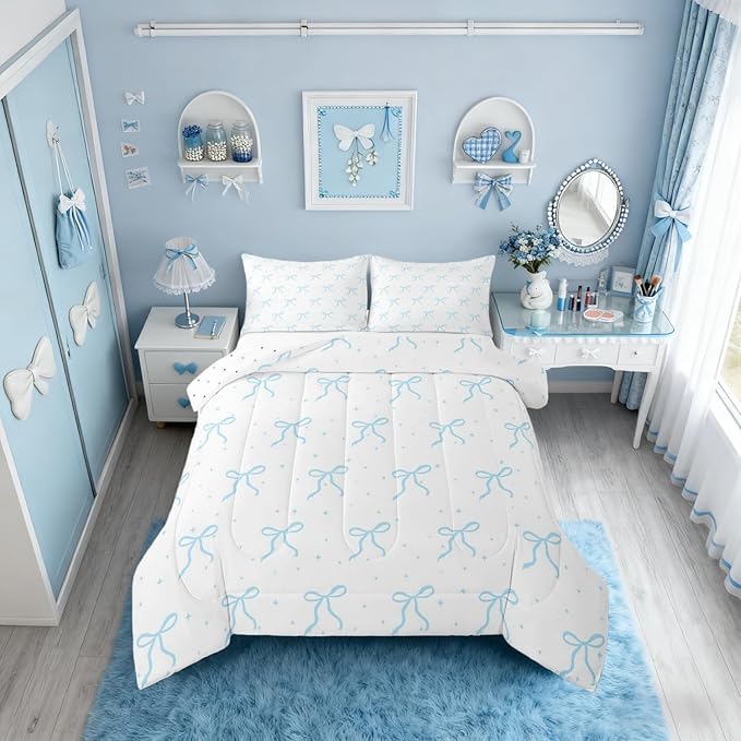 Erosebridal Kids Blue Bow Knot Bedding Set Toddler Size, Kawaii Bowknot Comforter Set for Youth Teens Adults Bedroom, Dreamy Princess Down Comforter, Princess Galaxy Stars Quilt with 1 Pillowcase