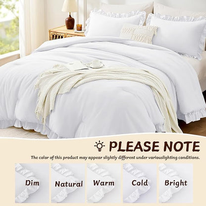 FUANNA King Size Comforter Set White, 3 Pieces Ruffle King Bedding Set, Fluffy Farmhouse Bed in a Bag King with 1 Lightweight Comforter & 2 Pillowshams