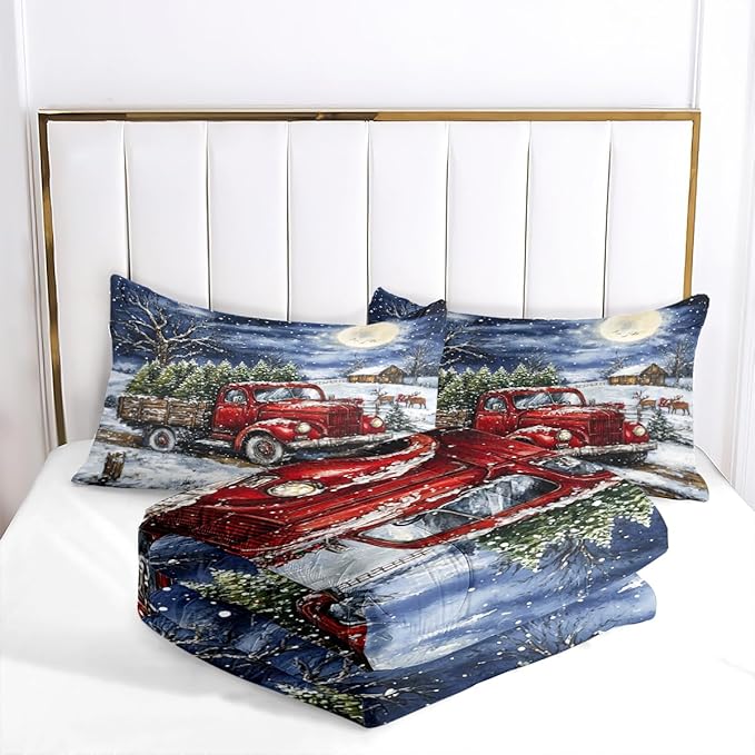 Red Truck Comforter Set Queen Size, Blue White Xtmas Trees Bedding Set for Kids Girls, Moon Snowflake Holiday Decor Comforter,3Pcs Soft Warm Bed Set with 2 Pillowcases(90 * 90)