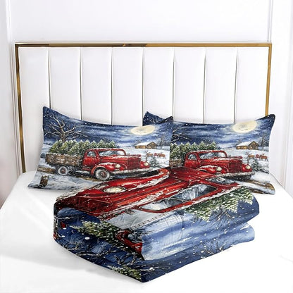 Red Truck Comforter Set Queen Size, Blue White Xtmas Trees Bedding Set for Kids Girls, Moon Snowflake Holiday Decor Comforter,3Pcs Soft Warm Bed Set with 2 Pillowcases(90 * 90)