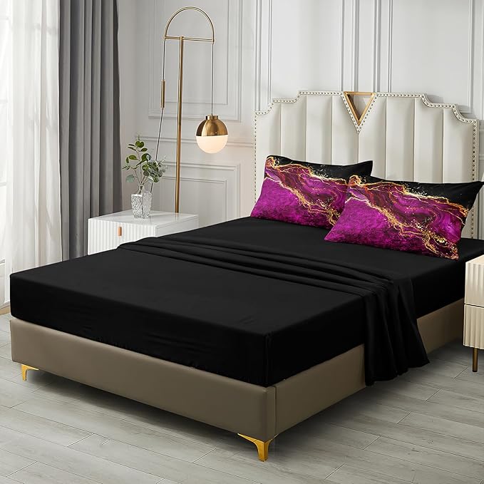 Black Gold Comforter Set 8 Pcs Hot Pink Marble Bedding Set Queen Size Bed in A Bag Purple and Black Marble Stone Texture Abstract Room Decor Black Marble Bed Comforter