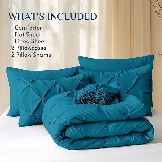 JOLLYVOGUE Queen Comforter Set 7 Pieces - Bed in a Bag Queen for All Season, Pintuck Bedding Comforter Sets with Comforter, Flat Sheet, Fitted Sheet and Pillowcases & Shams, Teal