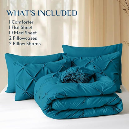 JOLLYVOGUE Queen Comforter Set 7 Pieces - Bed in a Bag Queen for All Season, Pintuck Bedding Comforter Sets with Comforter, Flat Sheet, Fitted Sheet and Pillowcases & Shams, Teal