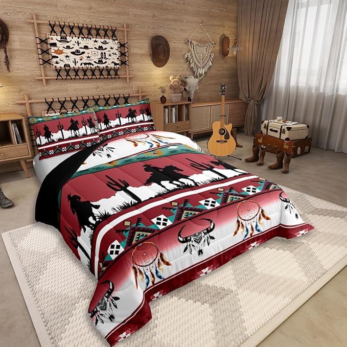 Erosebridal Twin Size Western Bedding Set Longhorn Skull Dream Catcher Boho Comforter Set for Kids Boys Teens Adult Bedroom, Cowboy Horse Western Duvet Insert Southwestern Geometric Quilt, Red