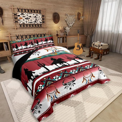 Erosebridal King Size Western Bedding Set Longhorn Skull Dream Catcher Boho Comforter Set for Kids Boys Teens Adult Bedroom, Cowboy Horse Western Duvet Insert Southwestern Geometric Quilt, Red