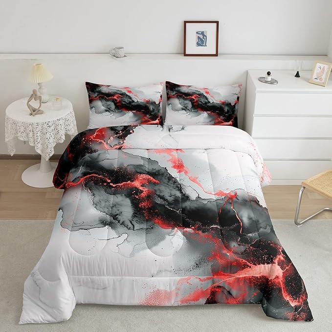 Erosebridal Black and Red Bed in a Bag 7pcs Abstract Marbling Bedding Set, Aesthetic Marble Twin Size Comforter Set Foil Print Bedding Comforter Sets, Watercolor Painting Bed Set Kids Bedroom Decor