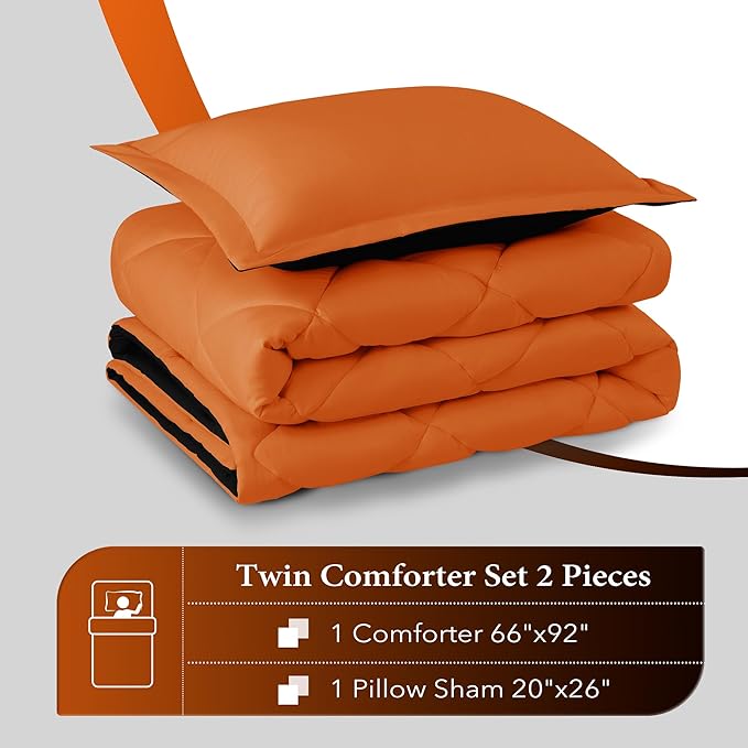 downluxe Twin Comforter Set - Orange and Black Twin Comforter, Soft Bedding Sets for All Seasons -2 Pieces - 1 Comforter (66"x92") and 1 Pillow Sham(20"x26")