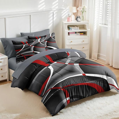Nesker 7 Pcs Comforter Set Queen Size, Modern Gray Black Red Swirls Bedding Set for Kids and Adults, Stripes Circle Lines Geometric Sheets Bed Sheet Sets with Fitted Sheet 2 Pillowcases & 2 Shams