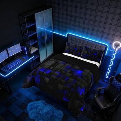 Erosebridal Black Navy Royal Blue Comforter Set Twin Neon Geometric Checkered Bedding Set for Teen Boys Gamer Room Decor,Abstract Stereoscopic Grids Quilt Square Plaid Check Bed Set 2 Pcs