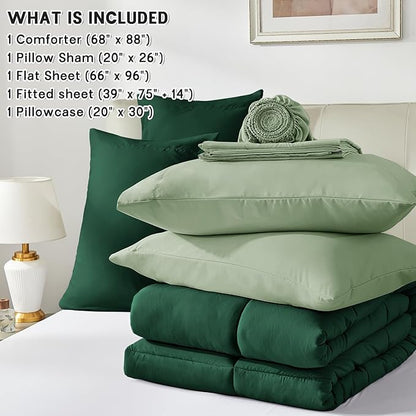 Anluoer Twin Comforter Set,Emerald Green&Sage Bed in a Bag 5 Piece,Lightweight Bedding Set with Soft Down Alternative Fill,Bed Set Includes Comforter, Fitted Sheet, Flat Sheet,Pillowcase and Sham