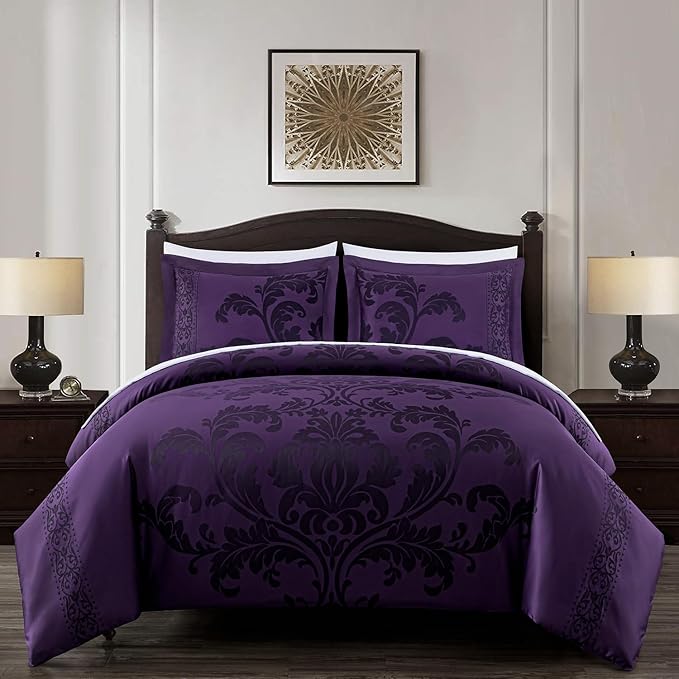 Chezmoi Collection Valor 7-Piece Queen Bed in a Bag, Purple/Dark Purple Luxury Jacquard Floral Comforter with Sheets Set for All Season