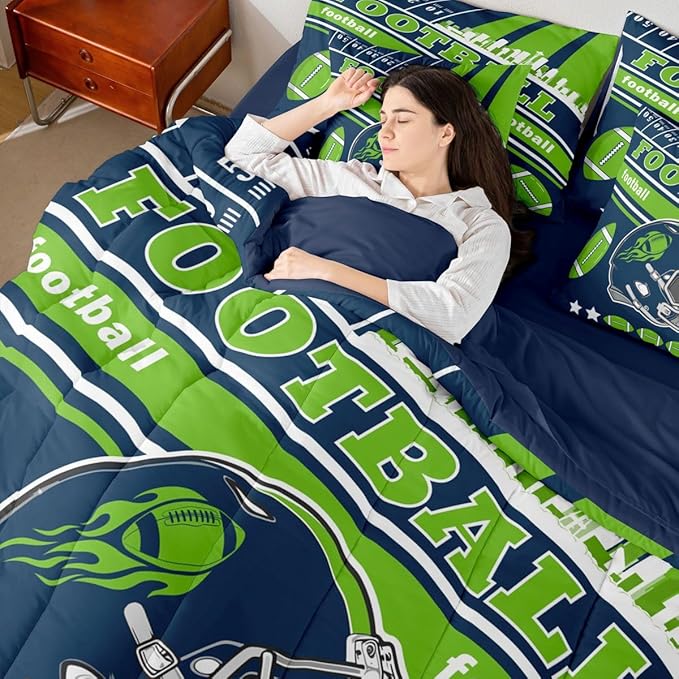 Feelyou Football 7 Pieces Comforter Sets Full Size Kids Rugby Sports Bedding Set for All Season Football City Bed in a Bag with Comforter, Sheets, Pillowcases & Cushion Cover