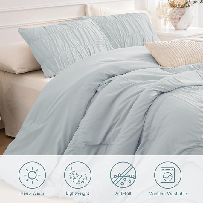 Masaca Oversized King Comforter(120"x98"),Light Blue Ruched Ruffle Bedding Comforter Set,3 Pieces Lightweight California King Farmhouse Shabby Boho Chic French Country Bedding Set for All Season