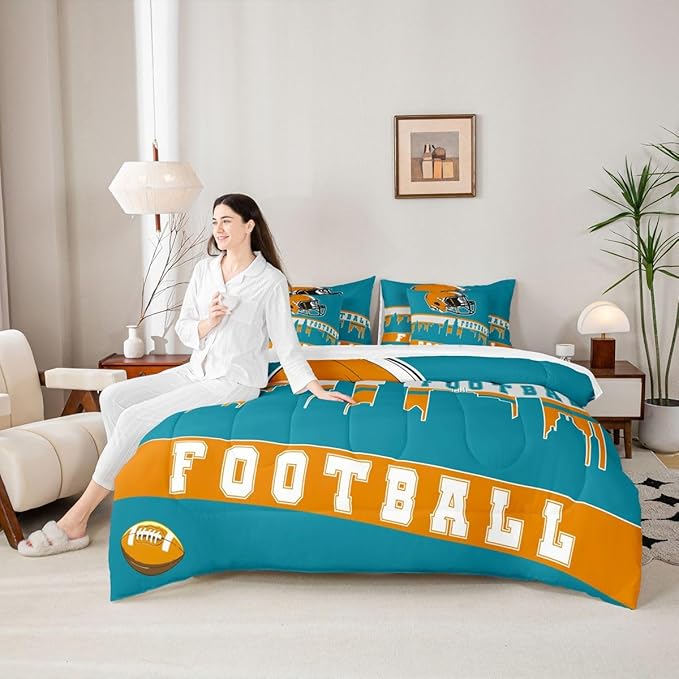 Erosebridal Football 7 Pcs Comforter Set King Football City Bedding for Boys Girls Teal Football Fans Sheet Set Bed in A Bag Rugby Game Bedroom Decor Sports Ball Competition Bed Set
