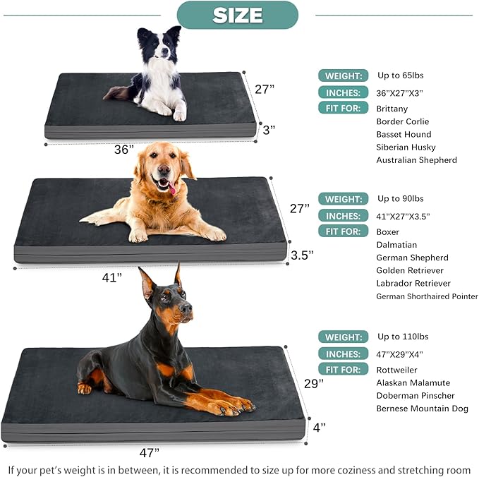 Waterproof XL Dog Beds Large Sized Dog, Orthopedic Washable Crate Pad 42 inch, Extra Large Foam Pet Bed with Removable Cover Reversible, XLarge Anti-Slip Kennel Pad, 41"x27", Dark Gray