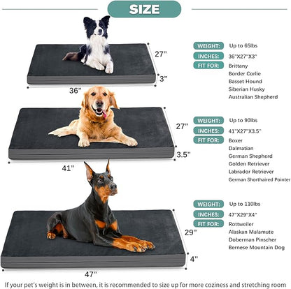 Waterproof XXL Dog Beds Large Sized Dogs, Orthopedic Washable Crate Pad 48 inch, Jumbo XXLarge Foam Pet Bed with Removable Cover Reversible, Anti-Slip Kennel Pad, 47"x29", Dark Gray