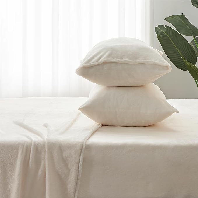 BEDELITE Flannel Sheets Queen Size White - Super Soft Fleece Sheets Set Fluffy Extra Plush, 4 Piece(Include Fitted Sheet, Flat Sheet, 2 Pillowcases)