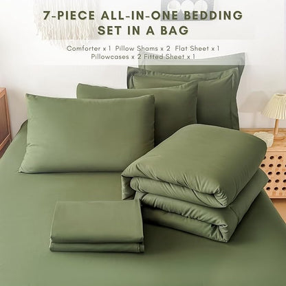 King Comforter Duvet Cover Set Olive Green - 7-Piece Bed in a Bag, Double Brushed Micorfiber All-Season Soft Bedding with Sheets & Envelope Pillowcases (102"x90",King)