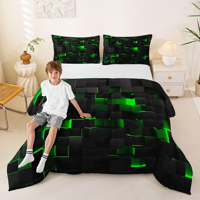 Erosebridal Black Green Comforter Set Queen Neon Geometric Checkered Bedding Set for Kids Boys Gaming Room Decor,Teen Men Abstract Stereoscopic Grids Quilt Square Plaid Check Bed Set 3 Pcs