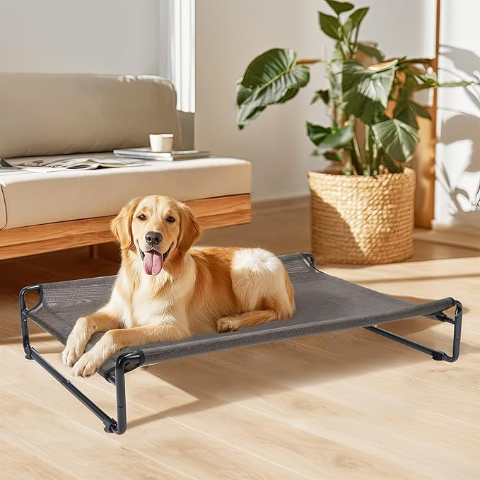 Veehoo Raised Dog Beds for Large Dogs, Washable Dog Cot with Headrest Sides, Outdoor Elevated Dog Bed with Non-Skid Feet, Breathable Mesh, Cooling Pet Hammock for Indoor or Camping, 42", Brown