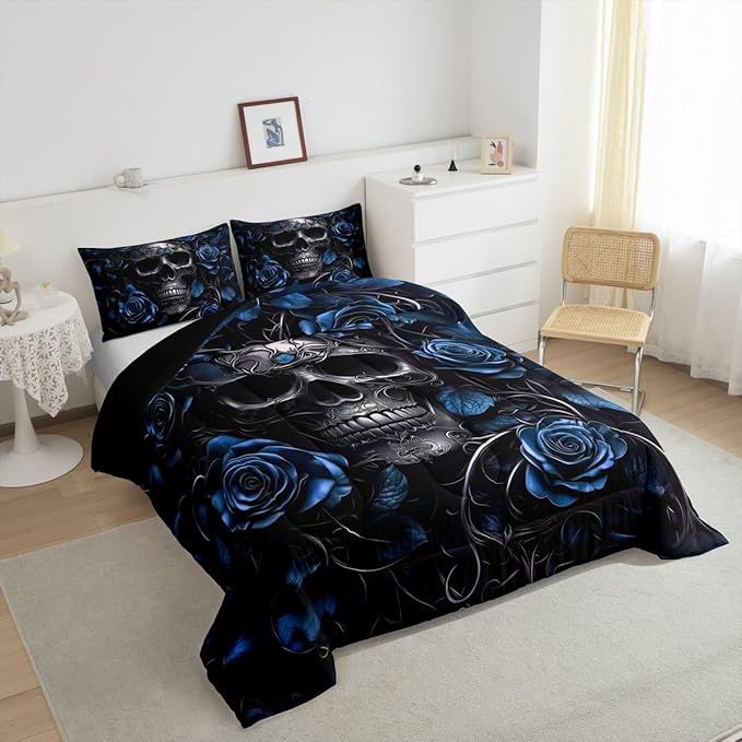 Erosebridal Adults Gothic Comforter Set Bohemian Boho Goth King Bedding Set Vintage Horror Skull Bed Sets Blue Rose Baroque Victorian Romantic Rose Duvet Insert,Halloween Gothic Bedroom Decor