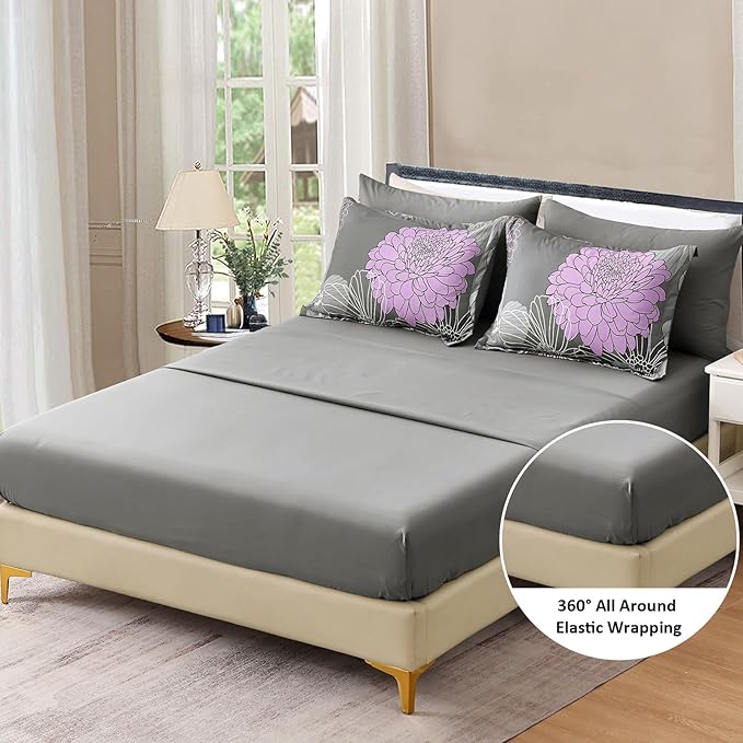 Yiran Cal King Comforter Set -7 Pieces Purple Grey Floral Comforter Set for All Seasons,Bed in a Bag Cal King Flowers Comforter with Flat Sheet Fitted Sheet Pillowshams Pillowcases