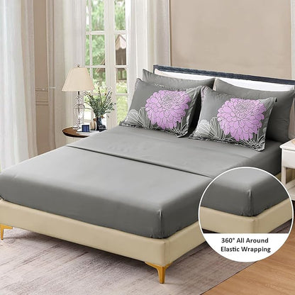 Yiran 7 Pieces Bed in a Bag Comforter Set Queen Size Grey Purple Bedding Sets Floral Soft Microfiber Comforter for All Seasons 90"×90"