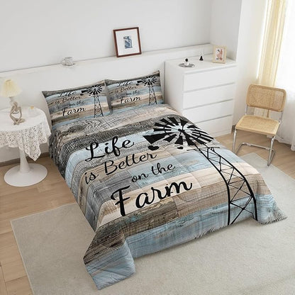 Country Farm Bedding Set Twin For Kids Boys Girls,Windmill Silhouette Quilt Comforter Rustic Farmhouse Comforter Set Patchwork Blue Grey Brown Barn Door Duvet Insert Western Room Decor 1 Pillow Case