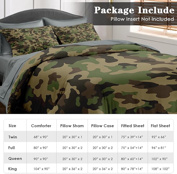 Comforter Set Queen Size, Military Hunting Camouflage 7 Pcs Bedding for Kids and Adults, Brown Green Camo Bed Sheet Sets with Fitted Sheet 2 Pillowcases & 2 Shams