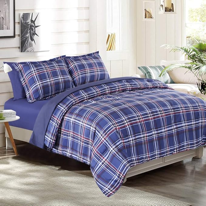 EMME Queen Comforter Set with Sheets, 7 Piece Queen Size Bedding Sets, All Season Plaid Bedspread Bed Set with 1 Comforter, 1 Flat Sheet, 2 Pillowcases and 2 Pillow Shams