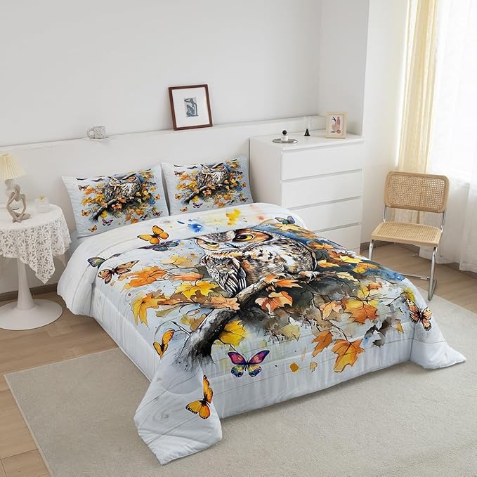 Fall Owl Kids Comforter Set Queen Size,Retro Fallen Maple Leaves Bedding Set,Boys Girls Men Room Decor,Jugnle Wild Birds Down Comforter,Autumn Butterfly Duvet Insert,2 Pillowcases