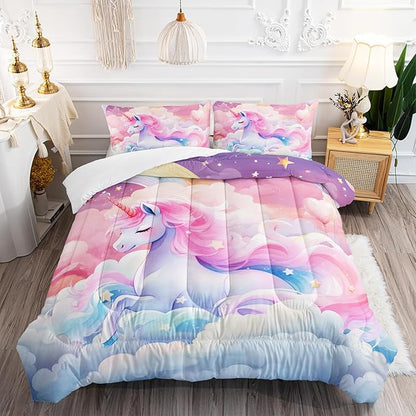 Kid Unicorn Comforter Set Queen Size 3Pcs Pink Galaxy Bedding Set Glitter Star Cloud Love Quilt Bed Set for Boys Girls with 1 Comforter and 2 Pillowcases