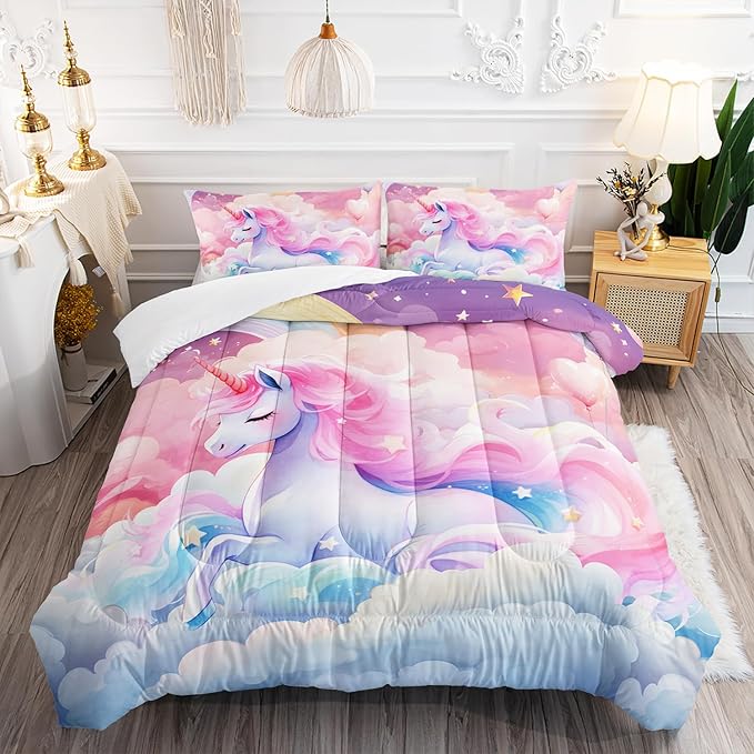 Kid Unicorn Comforter Set Twin Size 3Pcs Pink Galaxy Bedding Set Glitter Star Cloud Love Quilt Bed Set for Boys Girls with 1 Comforter and 2 Pillowcases