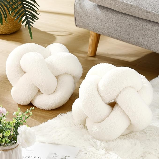 2 Pcs Knot Pillow Balls, 12 Inch Soft Home Decorative Round Stylish Throw Pillow Cute Handmade Knotted Aesthetic Ivory Circle Pillows for Living Room Couch Sofa Decor (White)