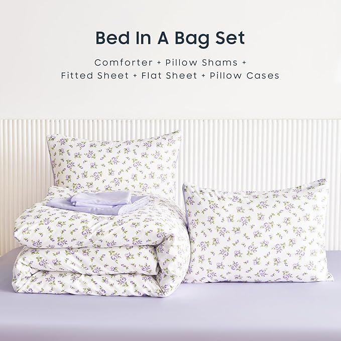 Wake In Cloud - Floral Comforter Set with Sheets, Coquette Cottagecore Aesthetic Flower Shabby Chic Pattern for Women Teen Girls, 7 Pieces Bed in a Bag, White Purple, Queen Size